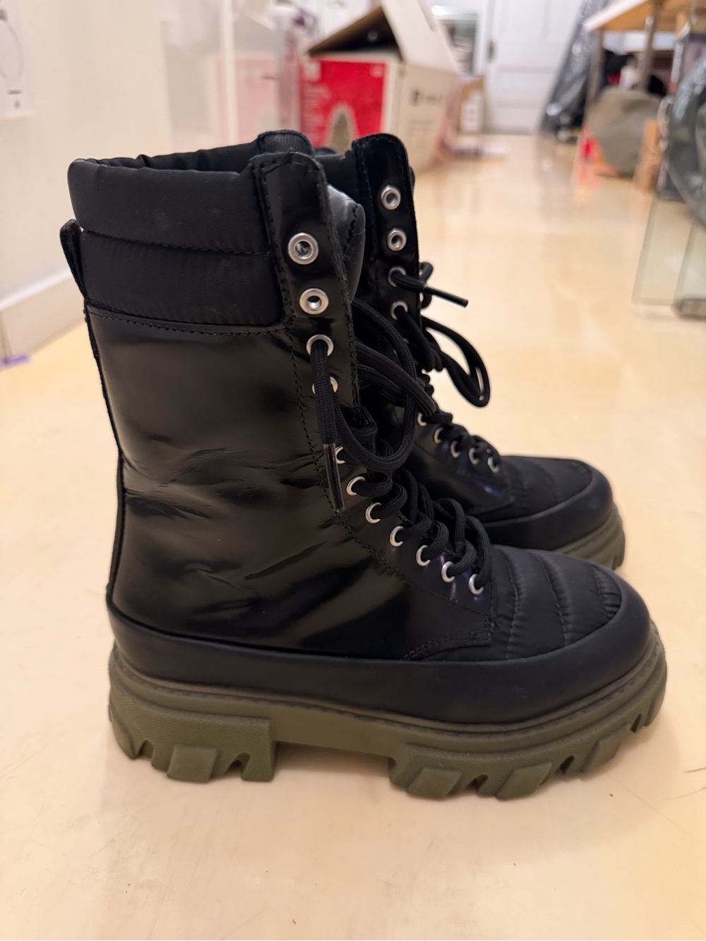 Ganni Black High-Top Combat Boots with Olive Lug Sole